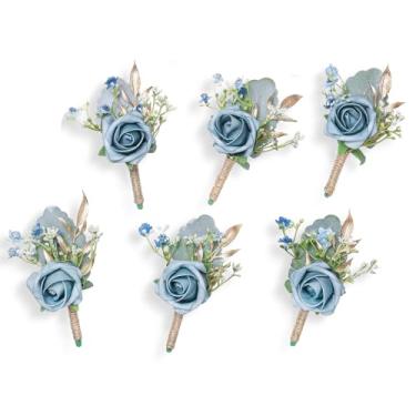Imagem de YSUCAU Boutonnieres de rosa para homens casamento noivo e padrinho branco para outono rústico vintage casamento formatura (6, azul empoeirado romântico)