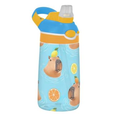 Imagem de Garrafa de água infantil Playful Capybaras Blue Animal para escola, 473 ml, 473 ml, garrafa de água esportiva Tritan com canudo, copos de viagem portáteis para crianças à prova de vazamento, alça de