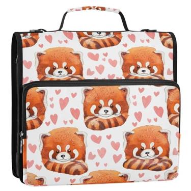 Imagem de Fichários engraçados de 3 anéis, anel D de 3,8 cm, fofo, pasta de coração de pandas vermelhos, organizador com zíper, portfólio e estojo para pasta de anel, bolsa escolar com alça de ombro