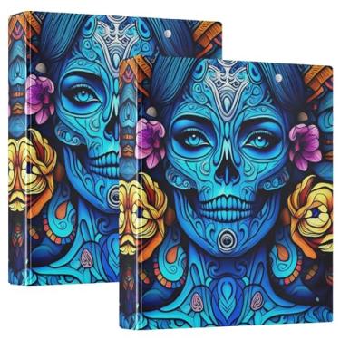 Imagem de 3 anéis florais de caveira azul para mulheres, fichários de 3 cm, comporta 200 folhas, lindas pastas de caderno, floral, redondo, fichário, 31,5 x 27 x 6 cm, 1 pacote