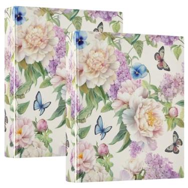 Imagem de Fichários de peônias coloridas em creme floral personalizado, 3 polegadas, 3 anéis, 200 folhas, fichário de apresentação de anel redondo, 31,5 x 27 x 6 cm, pacote com 2