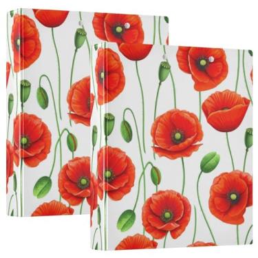 Imagem de Pastas de flores vermelhas de papoula 3,8 cm, 3 anéis, comporta 200 folhas, animal, 3 pastas, anel redondo, fichário resistente, 31,5 x 27 x 6 cm, pacote com 2