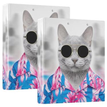 Imagem de Fichários engraçados Cat Hawaiian Kitten de 3 cm, 3 anéis, 200 folhas, pastas de portfólio premium, fichário planejador, 31,5 x 27 x 6 cm, pacote com 2