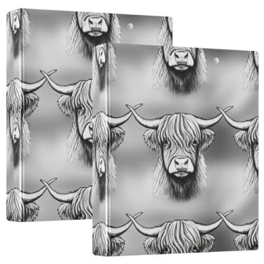Imagem de Fichários Highland Cows cinza, 3 anéis, 200 folhas, 3 pastas de anéis, 31,5 x 27 x 6 cm, pacote com 2