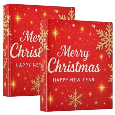 Imagem de Merry Christmas Fichário de 3 anéis de ouro vermelho de 3 cm comporta 200 folhas fofas pastas de portfólio de anel redondo para escritório, 31,5 x 27 x 6 cm, pacote com 2