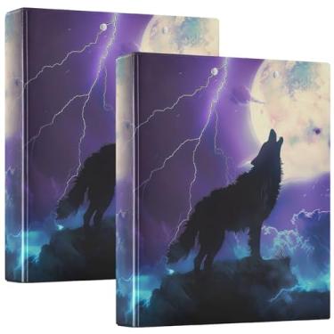 Imagem de Fichário com 3 anéis de silhueta personalizada de lobo e lua uivante, 3 cm, 200 folhas, lindo fichário para apresentação, 31,5 x 27 x 6 cm, 1 pacote