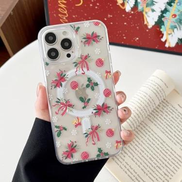 Imagem de DEFBSC Capa magnética para iPhone 15 Pro Max compatível com Magsafe, capa de telefone estética com laço de Natal bonito transparente para mulheres e meninas, fina, durável, à prova de choque para