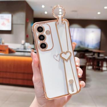 Imagem de ZTOFERA Capa luxuosa com borda banhada para Samsung Galaxy S24/S25 5G 6,2 polegadas, estampa de corações de amor fofos com alça de pulso, suporte de dedo, capa de telefone macia e fina à prova de