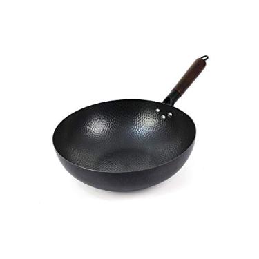 Imagem de Conjuntos de panelas Wok de ferro com cabo de madeira Wok de ferro tradicional feito à mão panela antiaderente panela a gás sem revestimento panelas (cor: D)