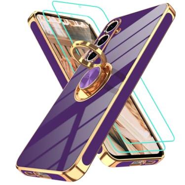 Imagem de Gritup Capa para Samsung Galaxy S24 FE | 2 peças protetoras de tela | Suporte magnético de rotação de 360°, capa protetora à prova de choque de TPU macio com borda dourada banhada a ouro para S24 FE