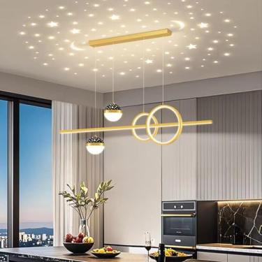 Imagem de Luminária pendente LED moderna para ilhas de cozinha e mesas de jantar, com intensidade regulável e controle remoto, dourada, 120 cm