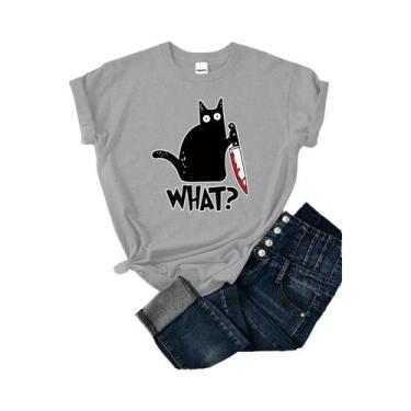 Imagem de Camiseta Feminina De Verão Com Estampa De Gato Preto, Manga Curta, Mod