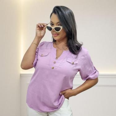 Imagem de Blusa Camisa Com Botão Manga 3/4 em Viscolinho - Dama K Modas, Lilás, 