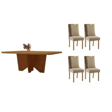 Imagem de Sala Jantar Mesa Nevada Tampo Curvo 120cm+4 Cadeiras Tilia Madeira Naturale - Capuccino/Suede Creme - Rufato