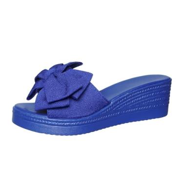 Imagem de Sandálias femininas cunha com detalhe de laço 5,5 cm salto slip-on verão sapatos casuais PU, Azul royal, 39