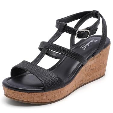 Imagem de Ruiee Sandálias femininas de largura larga, confortável, tira no tornozelo, bico aberto, sapatos de verão, plataforma, sandálias femininas elegantes., Preto 001, 8 X-Wide