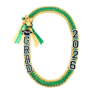 Imagem de Ftyfty Graduação Leis Class of 2025 Grad Handmade Ribbon Lei Colar de fita trançada dupla com letras graduadas, 129 cm (1, verde Kelly e dourado)