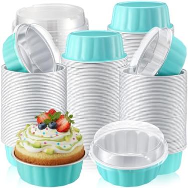 Imagem de Gejoy 180 peças de ramequins descartáveis de 227 g com tampas, copos de folha de alumínio com tampas, cupcake de sobremesa creme brulee, forro de cupcake para festa de pudim (azul kraft)