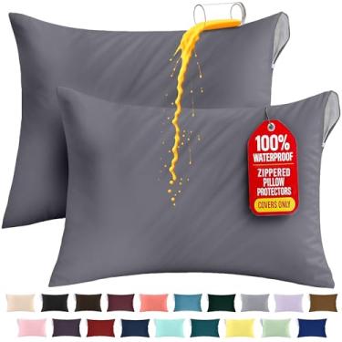 Imagem de Protetores de travesseiro Utopia Bedding, tamanho Queen (50 cm x 71 cm), impermeáveis, com zíper, antiácaro (2 unidades, cinza)
