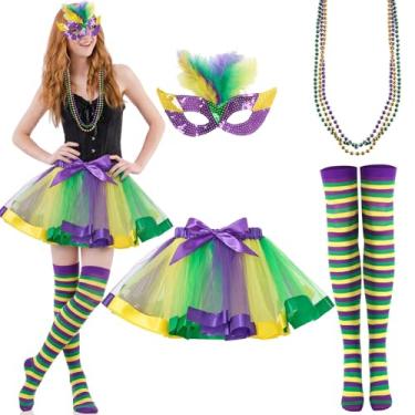 Imagem de Syhood Conjunto de 6 peças de fantasia de carnaval, saia tutu com franjas de lantejoulas, meia máscara com padrão de penas sintéticas, colar e meias longas (impresso, grande)