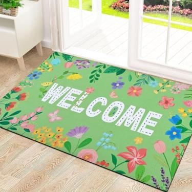 Imagem de Likiyol Tapete de porta floral, entrada externa, tapete de boas-vindas de flores coloridas, capacho antiderrapante com mola, entrada interna, perfil baixo, absorvente, 45,7 cm x 76,2 cm, verde