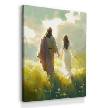 Imagem de laveliabel Arte de parede em tela Jesus andando com mulher, presentes de Jesus para mulheres, impressões de arte de parede cristãs de fé, pinturas de versículo bíblico cristão, decoração de paredes