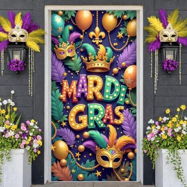 Imagem de Mardi Gras Dooor Banner Purple Yellow Green Door Cover Happy Mardi Gras Party Decorations (Crown and Mask)