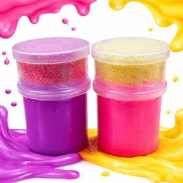 Imagem de Kit 2 Unidades Slime Com Bolinhas Puxa Puxa Amoeba Massinha de Modelar Criativa Estique e Modele (Roxo e Rosa)