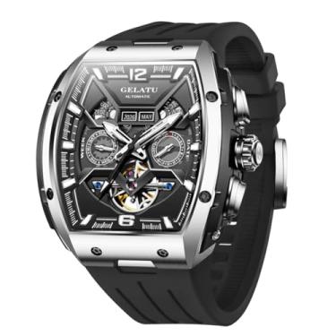 Imagem de OLEVS Relógio masculino automático esqueleto turbilhão automático relógio masculino luxuoso cristal safira à prova d'água quadrado grande mostrador mecânico, 6013J: preto prateado