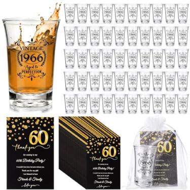 Imagem de Yiyiring 50 conjuntos de lembrancinhas de festa de aniversário Cheers para convidados a granel 40/50/60 anos Copos de shot de acrílico reutilizáveis com saco de cartão de presente de agradecimento