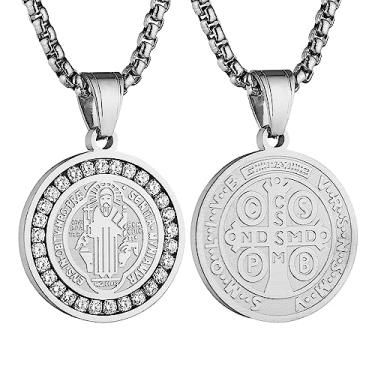 Imagem de STWTR Colar de medalha de São Bento de aço inoxidável, medalha de sacramento cristão, joia anti-mal, presentes católicos para homens e mulheres, Aço inoxidável