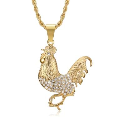 Imagem de Colar punk rock banhado a ouro 18 quilates de aço inoxidável para homens e mulheres, corrente de 61 cm, totem hip hop, amuleto, amuleto, galo, joia de presente, Aço inoxidável, Zircônia cúbica