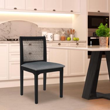 Imagem de Cadeira Sala de Jantar Madeira Maciça Steve Tela Rattan Sextavano Linho Cinza/Ébano G55 - Gran Belo