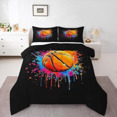 Imagem de jejeloiu Conjunto de edredom de basquete para todas as estações, grafite, basquete, 1 fronha, de microfibra para jogos, esportes, crianças, solteiro, decoração de quarto, edredom respirável, macio
