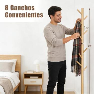 Imagem de Cabideiro de Chao Envernizado Mancebo Arara De Roupas 8 Ganchos Em Madeira Cabide organizador