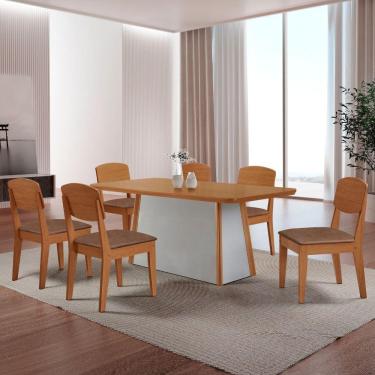 Imagem de Mesa De Jantar Diane 180cm Tampo Mdf Canto Copo E 6 Cadeiras Tork /naturale /off White