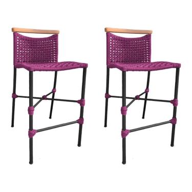 Imagem de Kit 2 Banquetas Anne Em Corda Náutica Base Em Alumínio Preta Com Detalhe Em Madeira Rosa - Cor: Rosa
