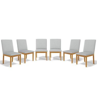 Imagem de Kit Com 6 Cadeiras Daniela Madeira Maciça Estofada Para Mesa De Jantar Detalhe De Madeira Nas Costas Linho Cinza 407