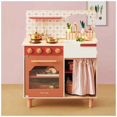 Imagem de Cozinha Infantil Estilo Fazenda em Madeira com Alimentos Cortados e Acessórios de Cozinha, Tiny Land, Marrom