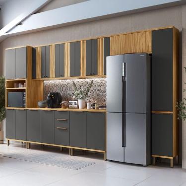 Imagem de Armário de Cozinha Modulada com Balcão e Tampo 16 Portas 3 Gavetas Nice Canelado 100% Mdf Amêndoa/Cinza - Pnr Móveis