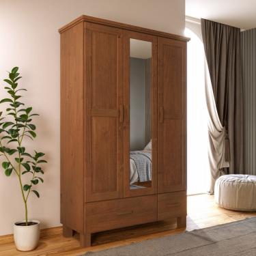 Imagem de Guarda Roupa Solteiro com Espelho 1141C Bronze Madeira Maciça 3 Portas e 2 Gavetas Castanho Finestra