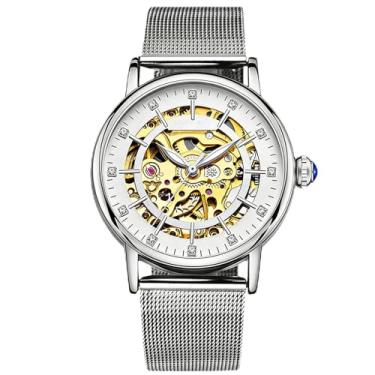 Imagem de Relógio mecânico automático feminino RORIOS, mostrador de esqueleto com corda automática, pulseira de aço inoxidável, relógios de pulso femininos, white b