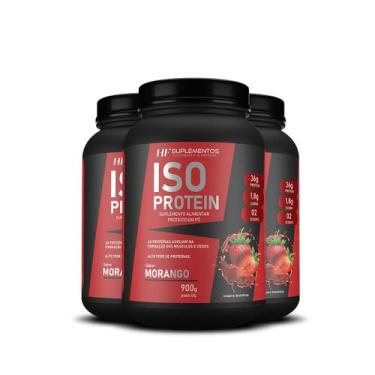 Imagem de 3x Whey Isolado Protein Morango 900g Hf Suplementos - HF SUPLEMENTS