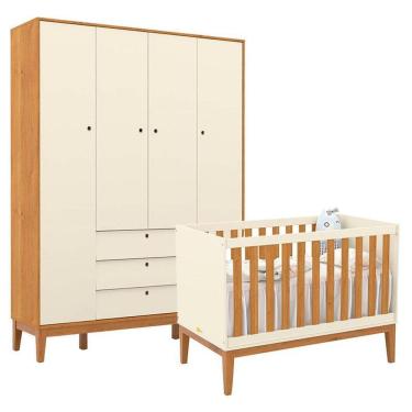 Imagem de Berço Americano e Guarda Roupa Unique 4 Portas Off White Freijó Eco Wood - Matic