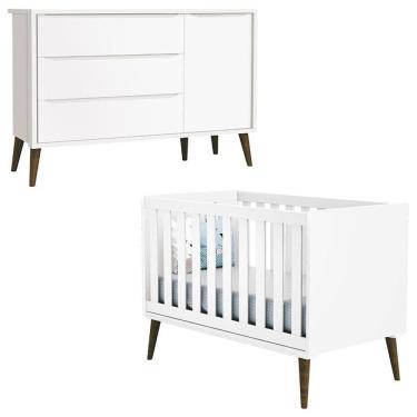Imagem de Berço Americano e Cômoda com Porta Infantil Theo Branco Acetinado com Pés Amadeirado – Reller