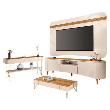 Imagem de Rack Bancada Elara e Painel Armony com Mesa de Centro Cadenza e Aparador Vivant Off White Cinamomo - HB Móveis