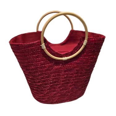 Imagem de Bolsa Feminina Grande Cesta Alça Madeira em Poliéster 29x39x16 Vinho Artesanal para Praia e Piscina