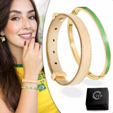 Imagem de Kit 2 Peças Pulseira Copa do Mundo Brasil Couro Bracelete Ouro - GRANA