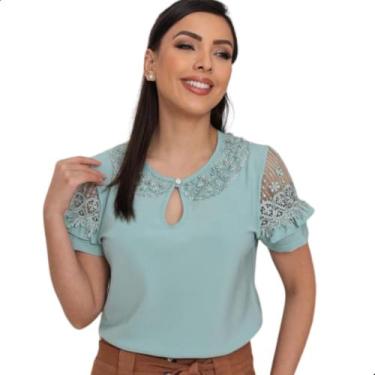 Imagem de Blusa Feminina Social Evangélica Manga Renda Guipir Pérolas Cor:Verde 