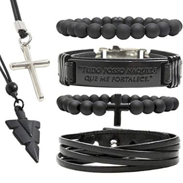 Imagem de Pulseiras Masculinas Kit C/4 TUDO POSSO EM DEUS BLACK + 2 Colares Crucifixo e Flecha Negra Premium (15cm)